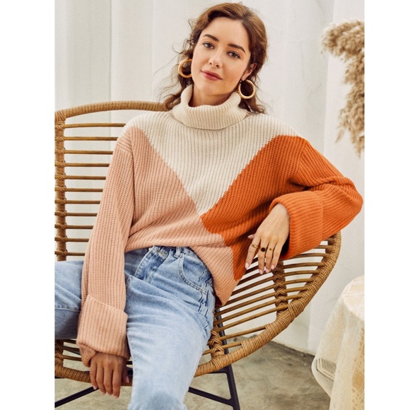 Colorblock Trutleneck Sweater Orange Beige - Picture 8 of 16